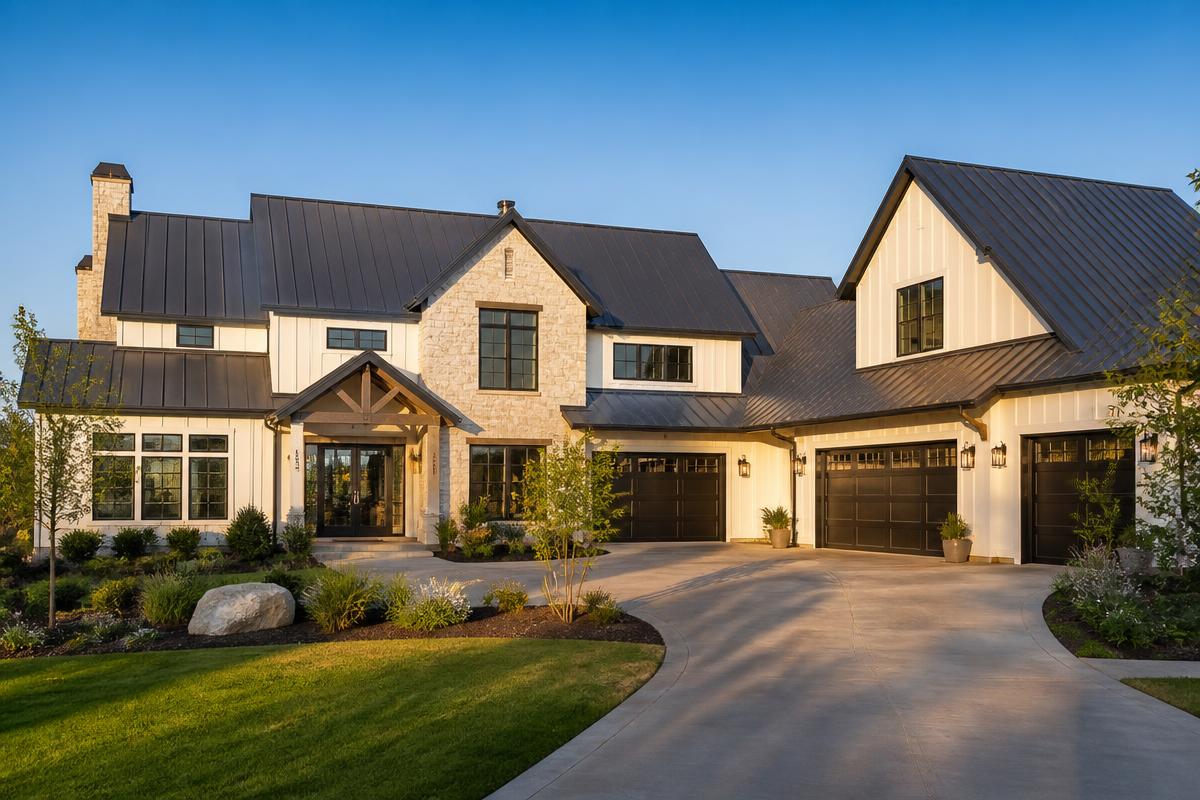 Suburban home with a dark charcoal standing seam metal roof